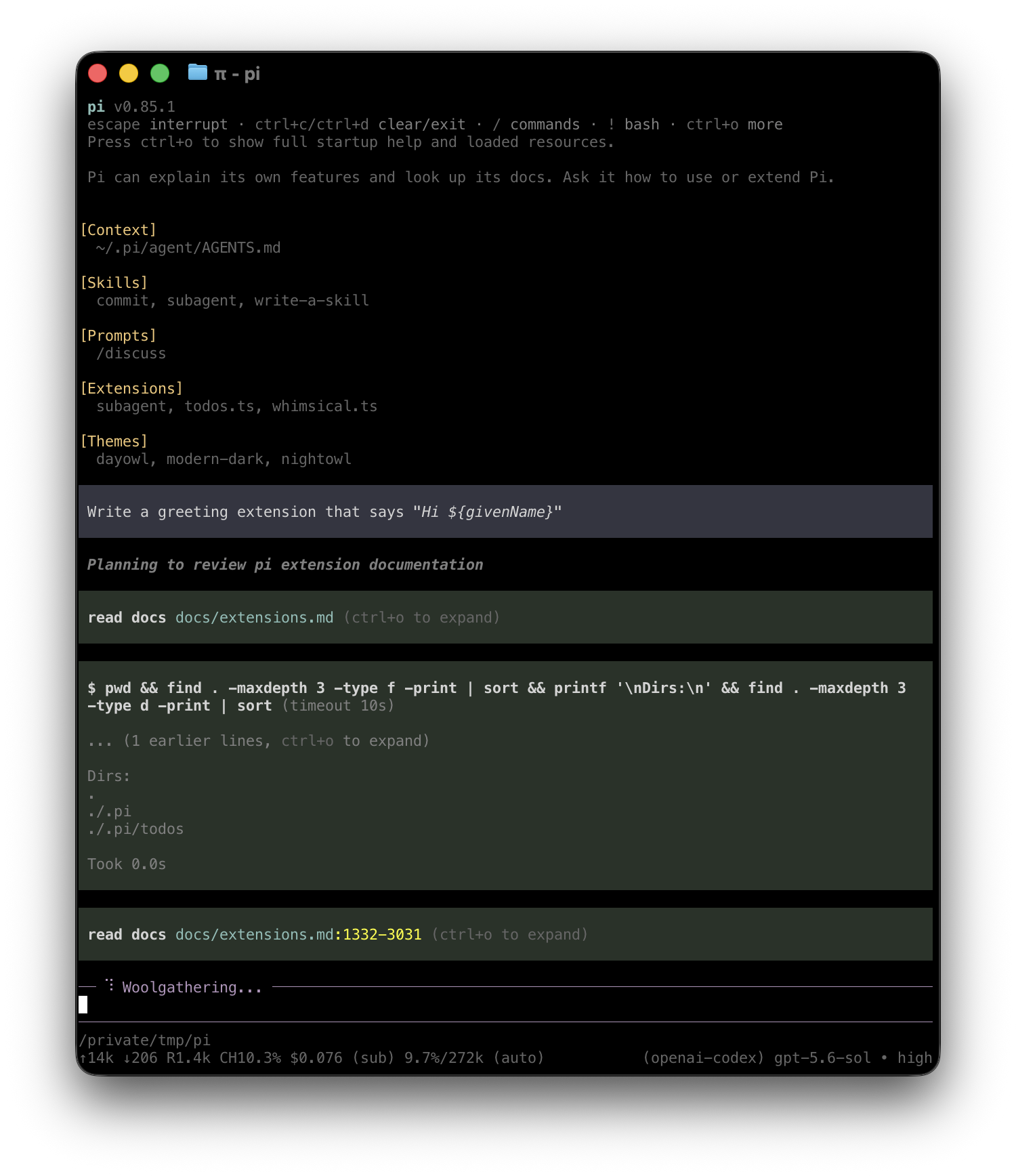 Pi interactive mode showing a conversation, editor, and status information